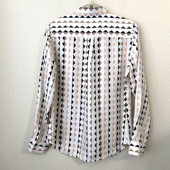 Theory Shirt Womens Medium Linigole Diamond Print Silk Cream Black - Picture 2 of 9